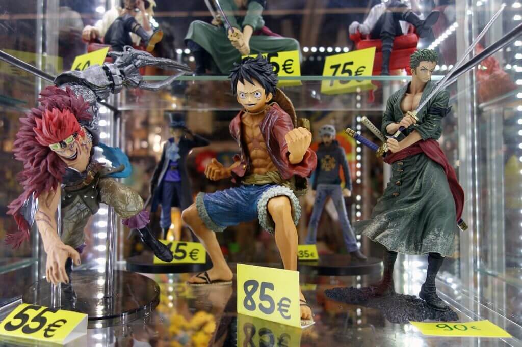 Anime and manga figures in a store.