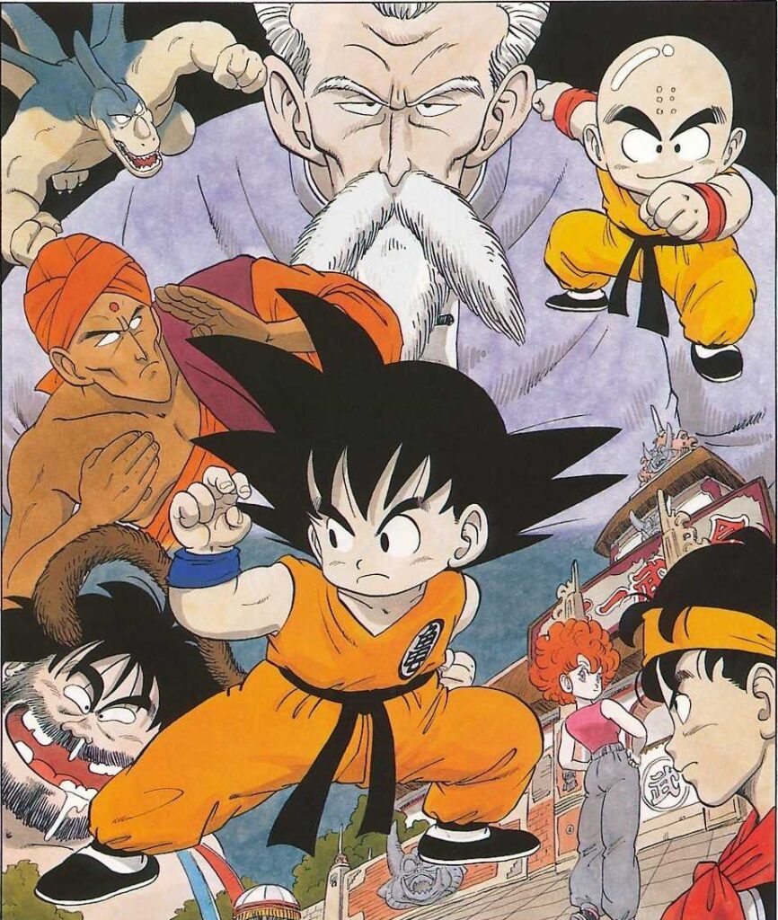 Picture of Goku and his supporting cast from early Dragon Ball.