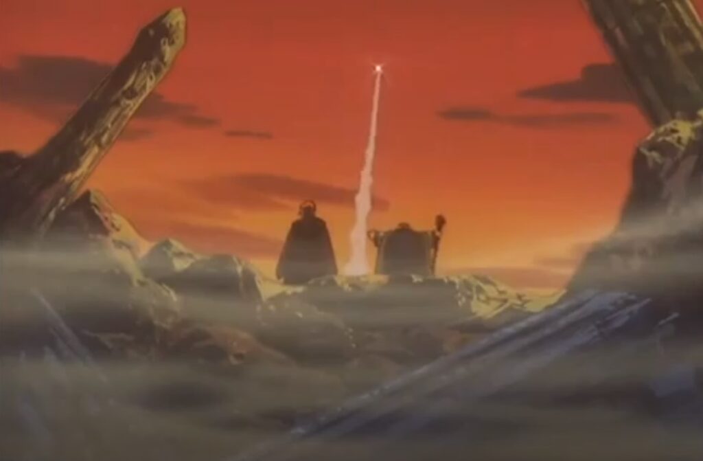 Ark and Urt watch the Outlaw Star depart Tenrei.