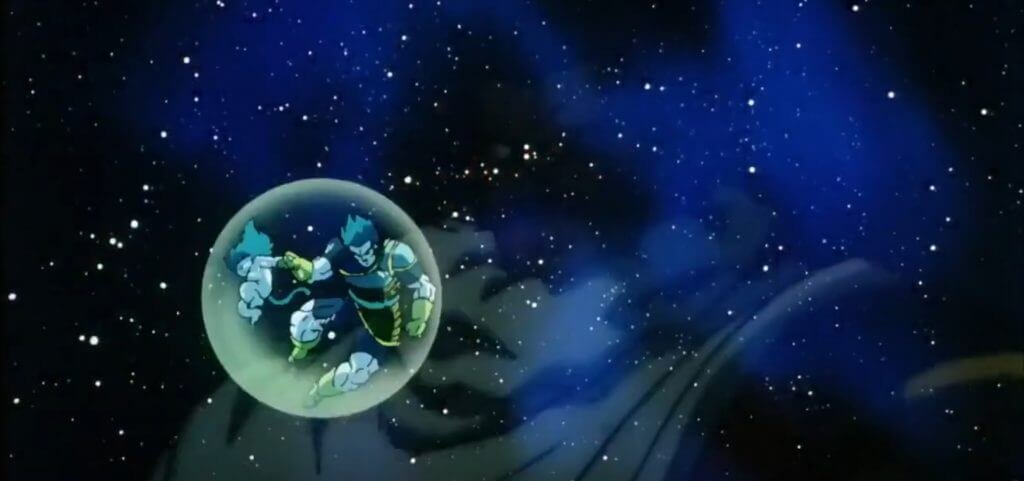 Broly floating in space with his father Paragus in DBZ Movie 8.